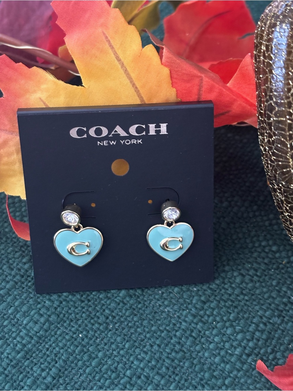 Coach Turquoise Heart Logo Drop Earrings with Gold Accents